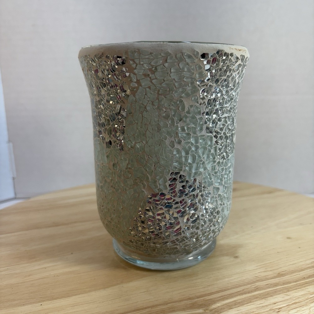 Shimmering Silver Crackle Mosaic Glass Vase / Hurricane Candle Holder 5.75"